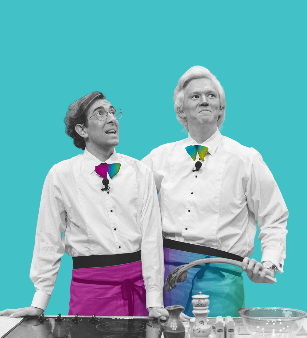 Thumbnail image. Two people performing a play, wearing server attire, looking off into the distance.