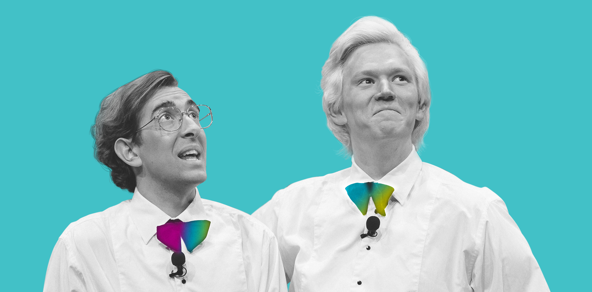 Hero image. Two people performing a play, wearing server attire, looking off into the distance.