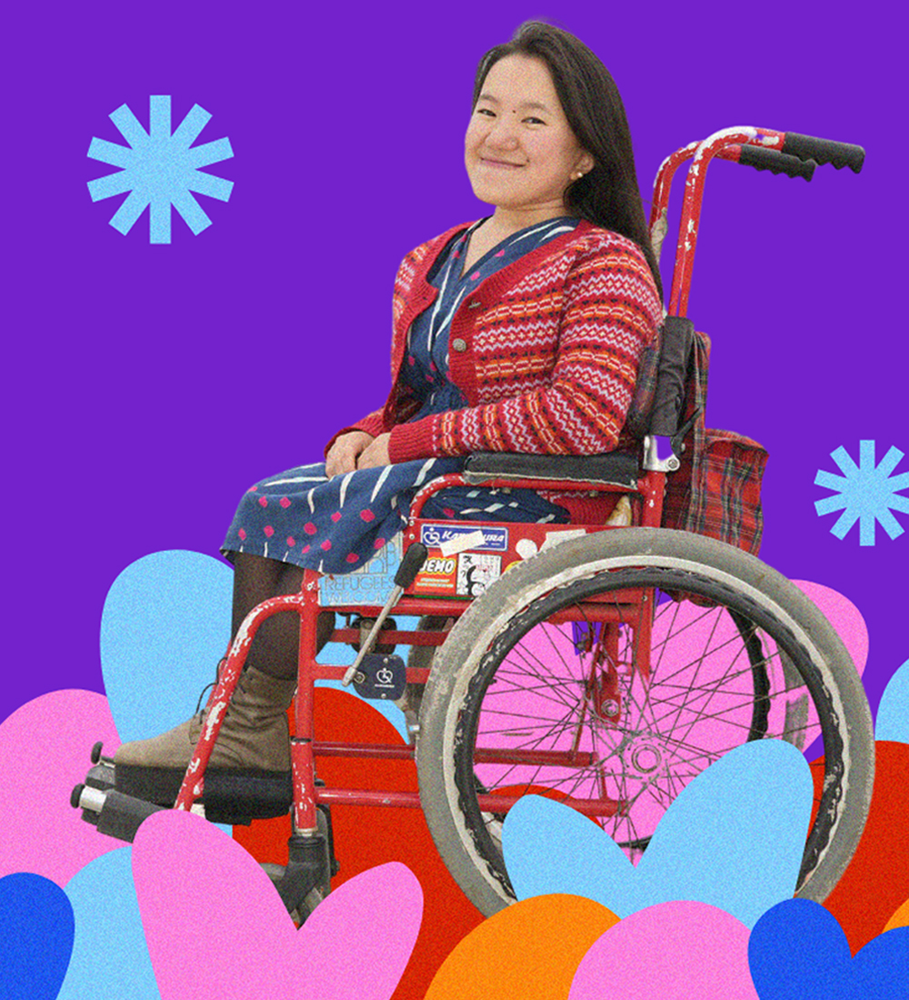 Thumbnail Image. A creative collage consisting of a smiling person in a wheelchair, with decorative asterisks and heart illustrations surrounding them.