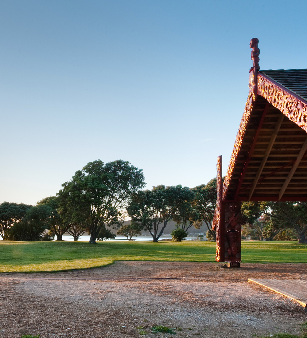 Thumbnail image. A side on view of a Māori Marae, with lush trees and grass, blue skies, and the beach in the background.