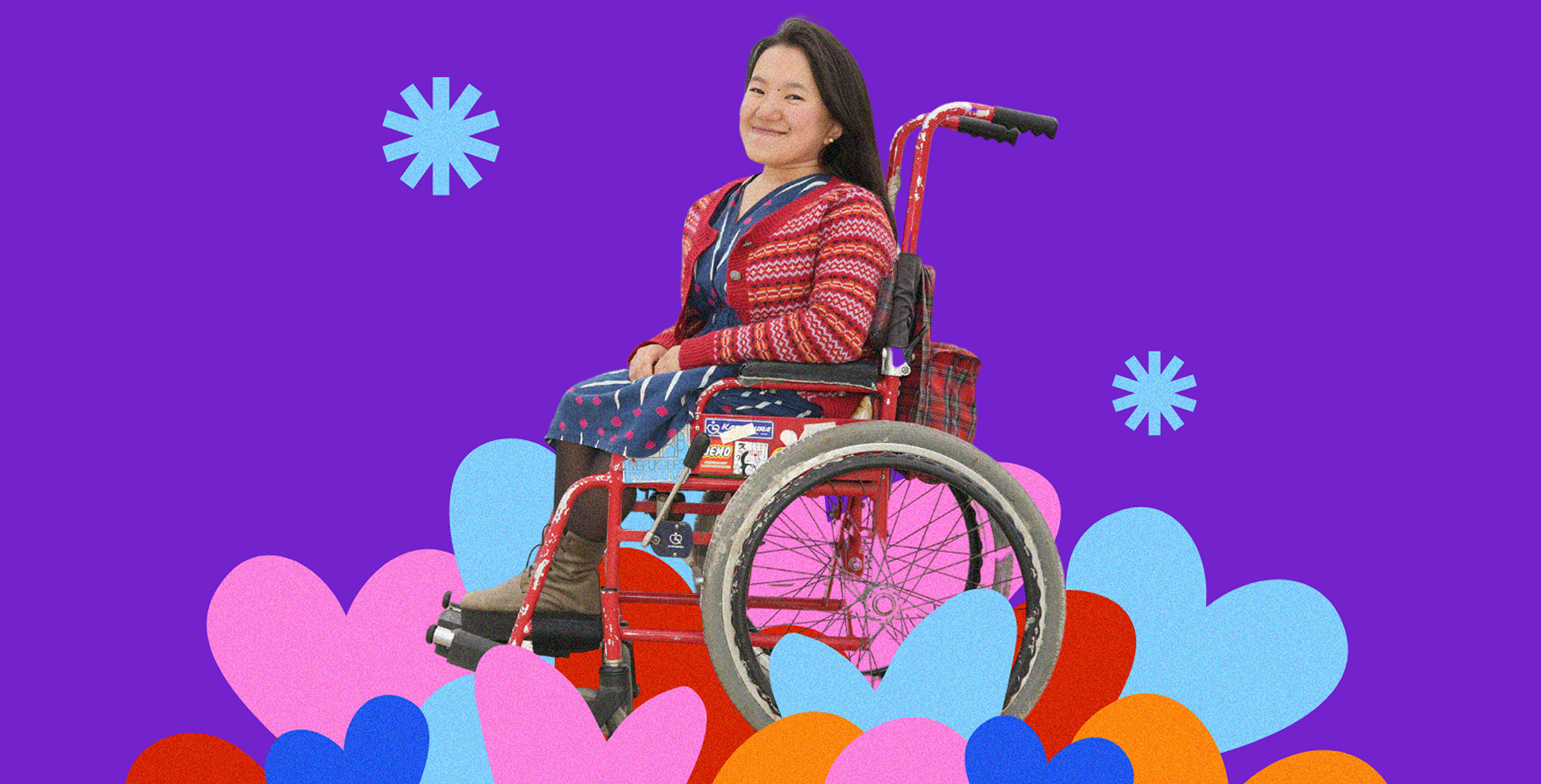 Hero Image. A creative collage consisting of a smiling person in a wheelchair, with decorative asterisks and heart illustrations surrounding them.